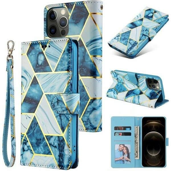 Fashion Design For Apple iPhone 12 12 Pro Case Marble Painting Pattern With Lanyard Flip Wallet Case Leather Card Slots Stand Cover (Blue Gilding)