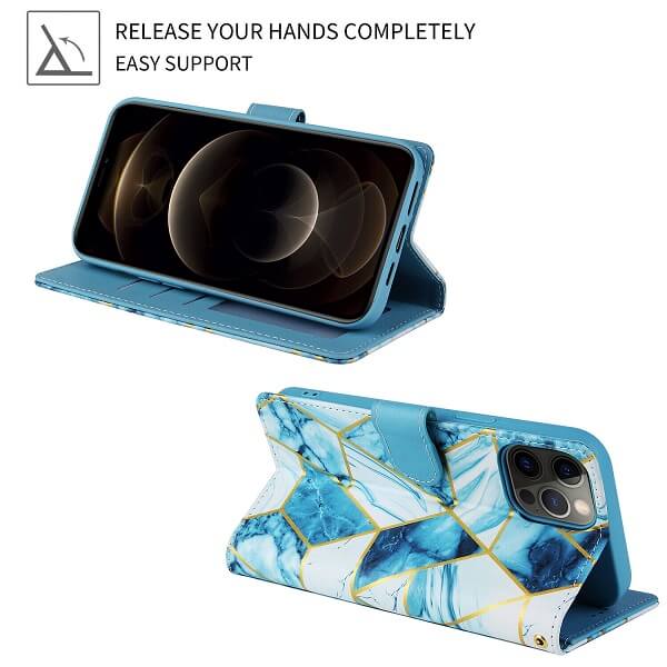 Fashion Design For Apple iPhone 12 12 Pro Case Marble Painting Pattern With Lanyard Flip Wallet Case Leather Card Slots Stand Cover (Blue Gilding)