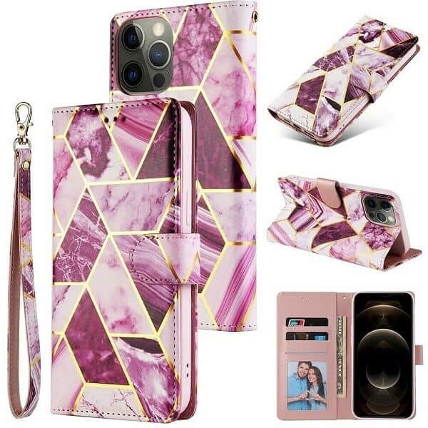 Fashion Design For Apple iPhone 12 12 Pro Case Marble Painting Pattern With Lanyard Flip Wallet Case Leather Card Slots Stand Cover (Purple Gilding)