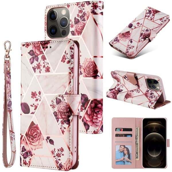 Fashion Design For Apple iPhone 12 12 Pro Case Marble Painting Pattern With Lanyard Flip Wallet Case Leather Card Slots Stand Cover (Rose Gilding)