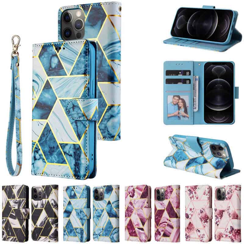 Fashion Design For Apple iPhone 12 12 Pro Case Marble Painting Pattern With Lanyard Flip Wallet Case Leather Card Slots Stand Cover