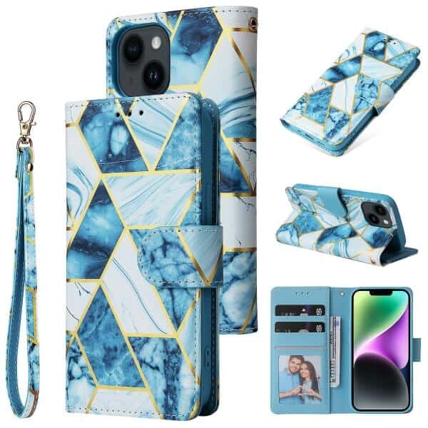 Fashion Design For Apple iPhone 13 Case Marble Painting Pattern With Lanyard Flip Wallet Case Leather Card Slots Stand Cover (Blue Gilding)