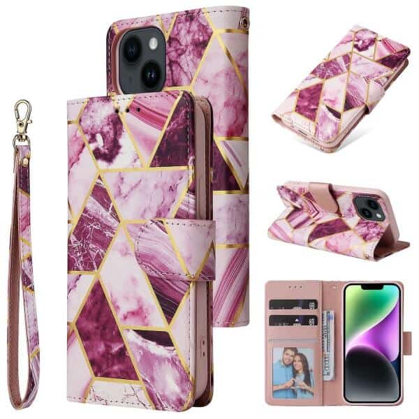 Fashion Design For Apple iPhone 13 Case Marble Painting Pattern With Lanyard Flip Wallet Case Leather Card Slots Stand Cover (Purple Gilding)