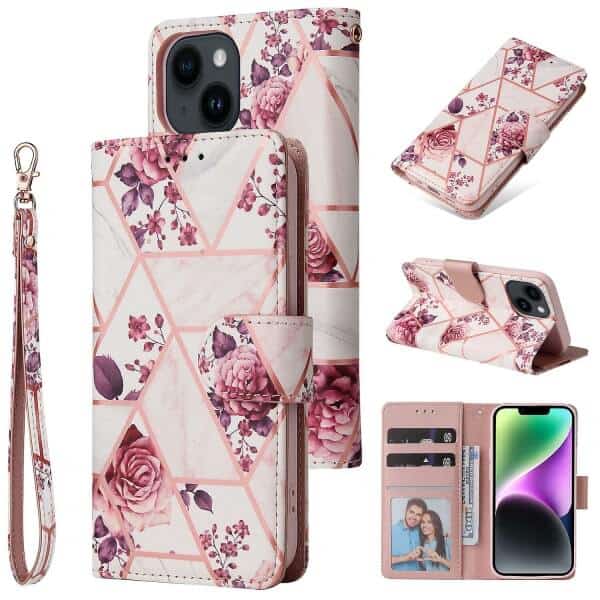 Fashion Design For Apple iPhone 13 Case Marble Painting Pattern With Lanyard Flip Wallet Case Leather Card Slots Stand Cover (Rose Gold Gilding)