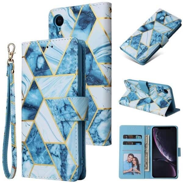 Fashion Design For Apple iPhone XR Case Marble Painting Pattern With Lanyard Flip Wallet Case Leather Card Slots Stand Cover (Blue Gilding)