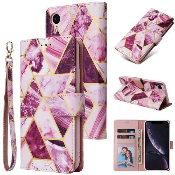 Fashion Design For Apple iPhone XR Case Marble Painting Pattern With Lanyard Flip Wallet Case Leather Card Slots Stand Cover (Purple Gilding)