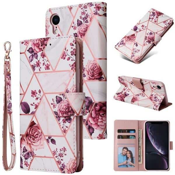 Fashion Design For Apple iPhone XR Case Marble Painting Pattern With Lanyard Flip Wallet Case Leather Card Slots Stand Cover (Rose Gilding)