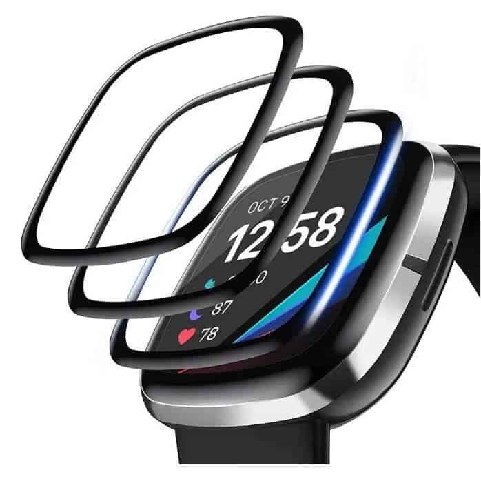 (3 Pcs) Fitbit Versa 3 Screen Protector Full Coverage Tempered Glass Guard (Black)