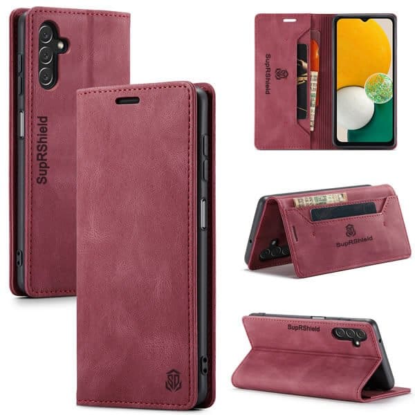 For 5G Samsung Galaxy A13 5G (Not for 4G) SupRShield Wallet Leather Card Holder Flip Protective Shockproof Magnetic Case Cover (Red)