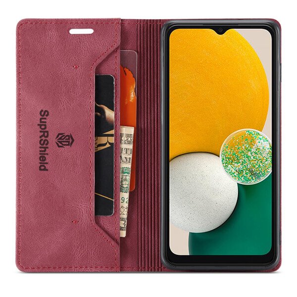 For 5G Samsung Galaxy A13 5G (Not for 4G) SupRShield Wallet Leather Card Holder Flip Protective Shockproof Magnetic Case Cover (Red)