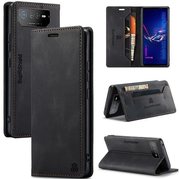 For ASUS Rog 6 Rog 6 Pro Case RFID Blocking Retro Flip Premium Leather Card Holder Wallet Cover - (Black)