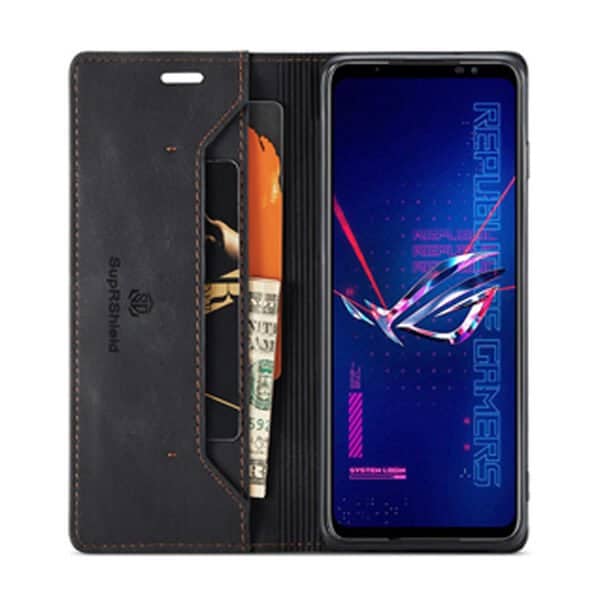 For ASUS Rog 6 Rog 6 Pro Case RFID Blocking Retro Flip Premium Leather Card Holder Wallet Cover - (Black)