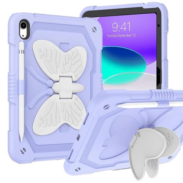 For Apple iPad 10th Gen 10.9 2022 Butterfly Fancy Shockproof Heavy Duty Kickstand Case Cover With Pencil Holder (Purple)