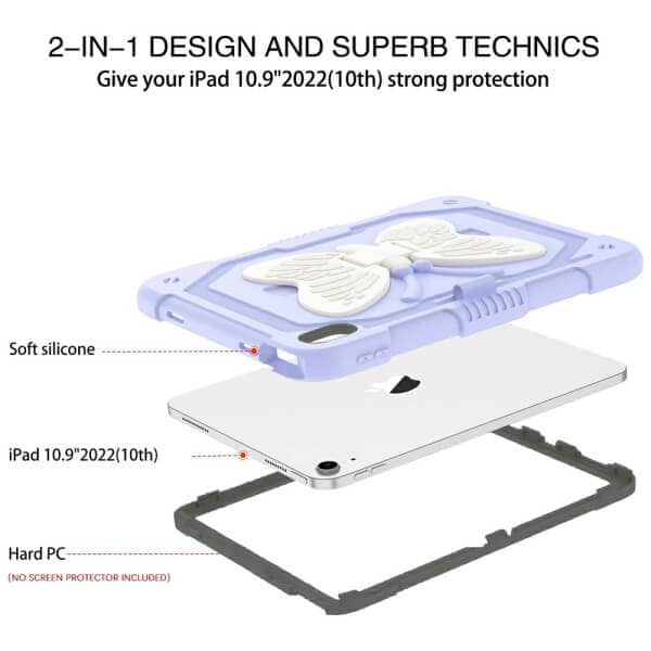 For Apple iPad 10th Gen 10.9 2022 Butterfly Fancy Shockproof Heavy Duty Kickstand Case Cover With Pencil Holder (Purple)