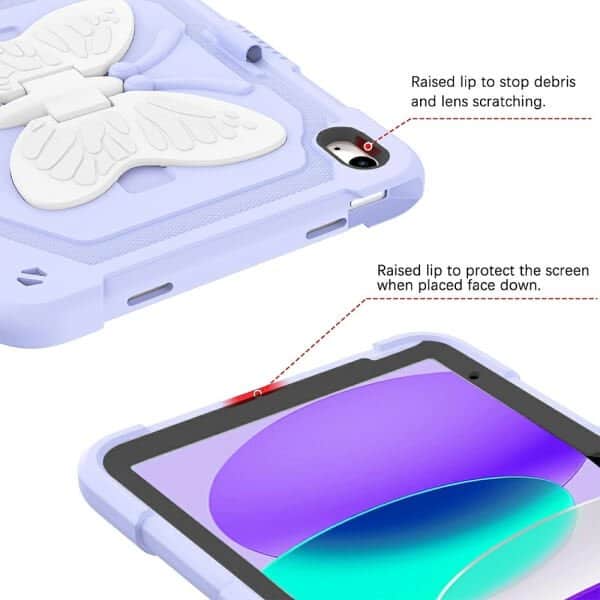 For Apple iPad 10th Gen 10.9 2022 Butterfly Fancy Shockproof Heavy Duty Kickstand Case Cover With Pencil Holder (Purple)