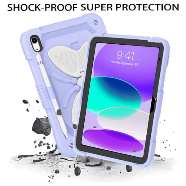 For Apple iPad 10th Gen 10.9 2022 Butterfly Fancy Shockproof Heavy Duty Kickstand Case Cover With Pencil Holder (Purple)