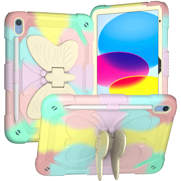 For Apple iPad 10th Gen 10.9 2022 Butterfly Fancy Shockproof Heavy Duty Kickstand Case Cover With Pencil Holder (Rainbow)