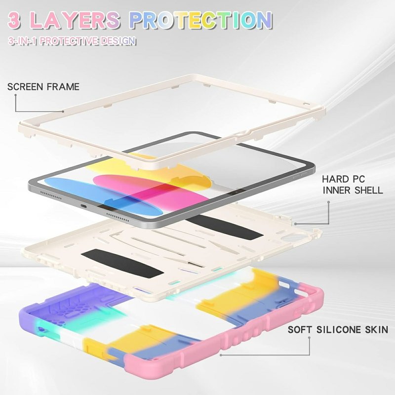 For Apple iPad 10th Gen 10.9 inch 2022 Hybrid Fancy Shockproof Heavy Duty Kickstand Case Cover ( Rainbow Stand )