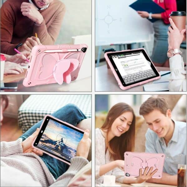 For Apple iPad 9th 8th 7th Gen 10.2 2021 2020 2019 iPad Air 3 2019 iPad Pro 10.5 Butterfly Fancy Shockproof Heavy Duty Kickstand Case Cover With Pencil Holder (Pink)