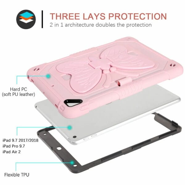 For Apple iPad 9th 8th 7th Gen 10.2 2021 2020 2019 iPad Air 3 2019 iPad Pro 10.5 Butterfly Fancy Shockproof Heavy Duty Kickstand Case Cover With Pencil Holder (Pink)