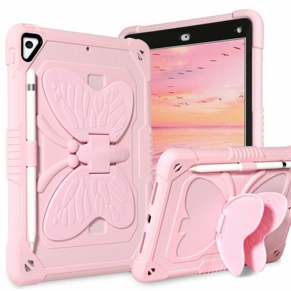 For Apple iPad 9th 8th 7th Gen 10.2 2021 2020 2019 iPad Air 3 2019 iPad Pro 10.5 Butterfly Fancy Shockproof Heavy Duty Kickstand Case Cover With Pencil Holder (Pink)