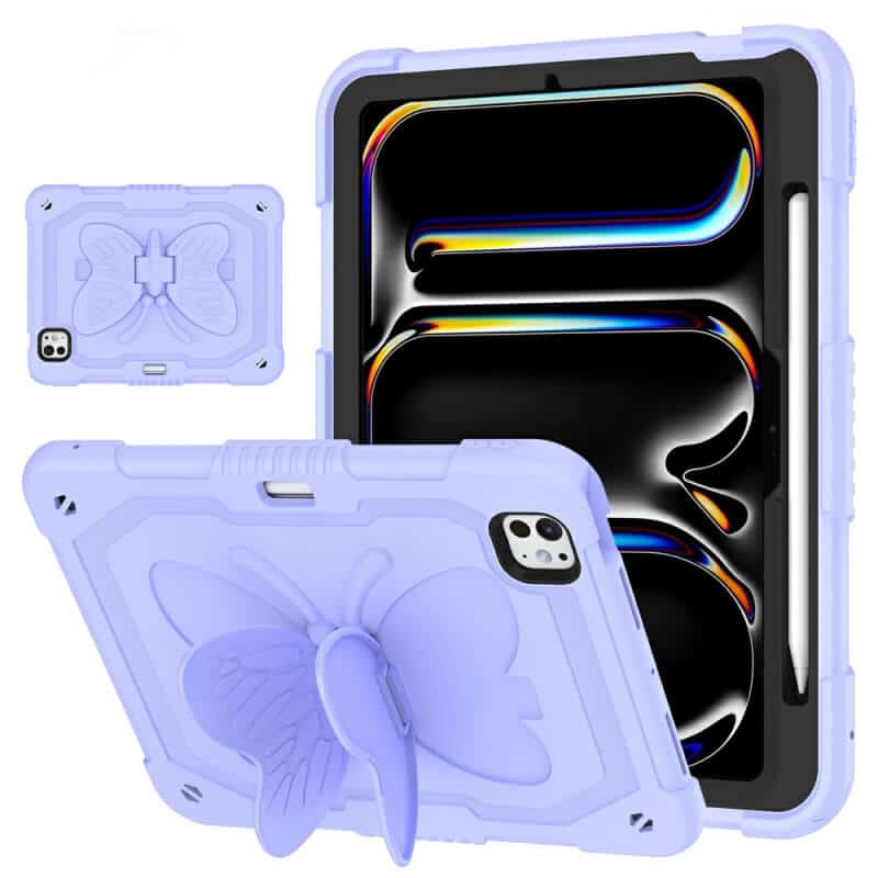 For Apple iPad Air 11 inch M2 2024 6th Generation, Butterfly Kickstand & Pencil Holder, Heavy Duty Shockproof Case Cover for Kids, Girls