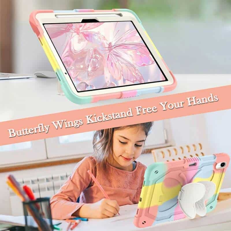 For Apple iPad Air 11 inch M2 2024 6th Generation, Butterfly Kickstand & Pencil Holder, Heavy Duty Shockproof Case Cover for Kids, Girls