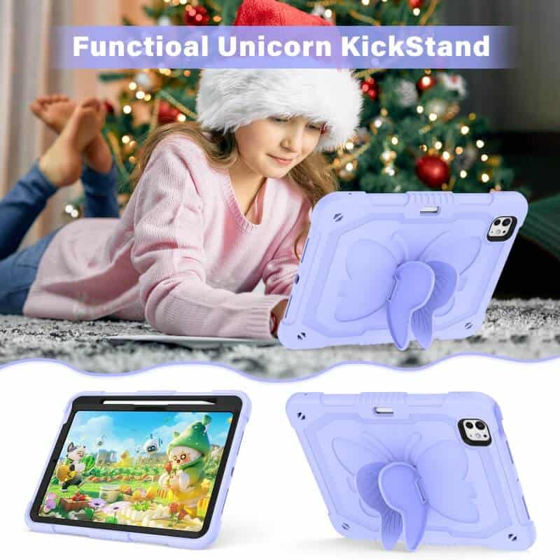 For Apple iPad Air 11 inch M2 2024 6th Generation, Butterfly Kickstand & Pencil Holder, Heavy Duty Shockproof Case Cover for Kids, Girls