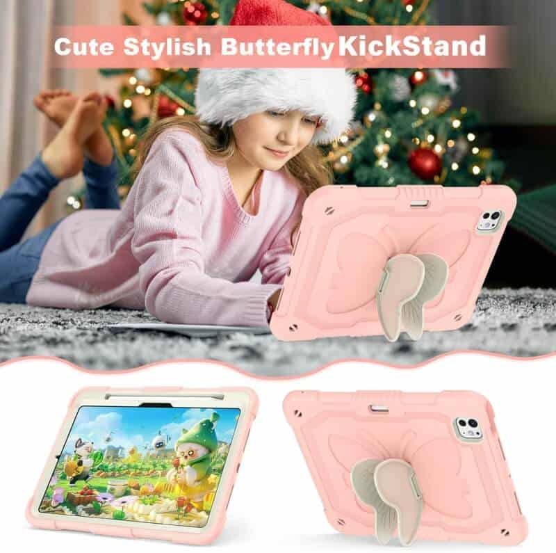 For Apple iPad Air 11 inch M2 2024 6th Generation, Butterfly Kickstand & Pencil Holder, Heavy Duty Shockproof Case Cover for Kids, Girls