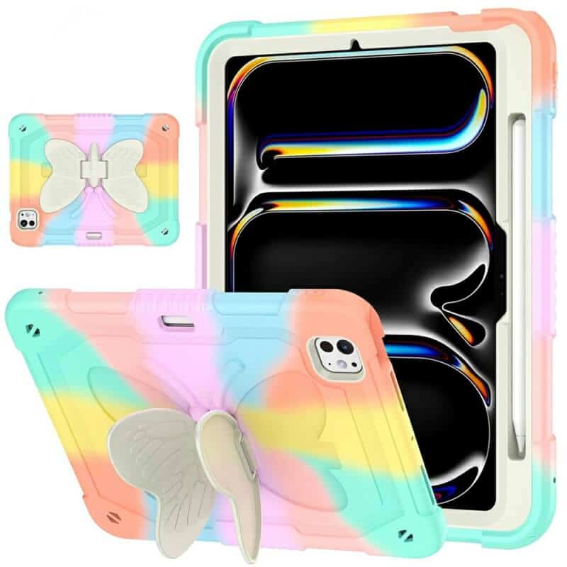 For Apple iPad Air 11 inch M2 2024 6th Generation, Butterfly Kickstand & Pencil Holder, Heavy Duty Shockproof Case Cover for Kids, Girls
