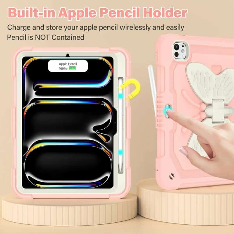 For Apple iPad Air 11 inch M2 2024 6th Generation, Butterfly Kickstand & Pencil Holder, Heavy Duty Shockproof Case Cover for Kids, Girls