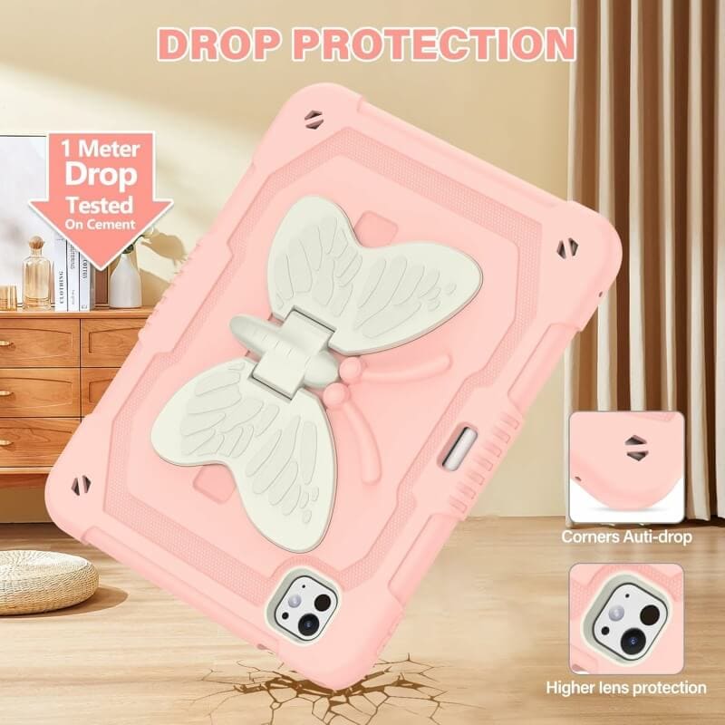For Apple iPad Air 11 inch M2 2024 6th Generation, Butterfly Kickstand & Pencil Holder, Heavy Duty Shockproof Case Cover for Kids, Girls