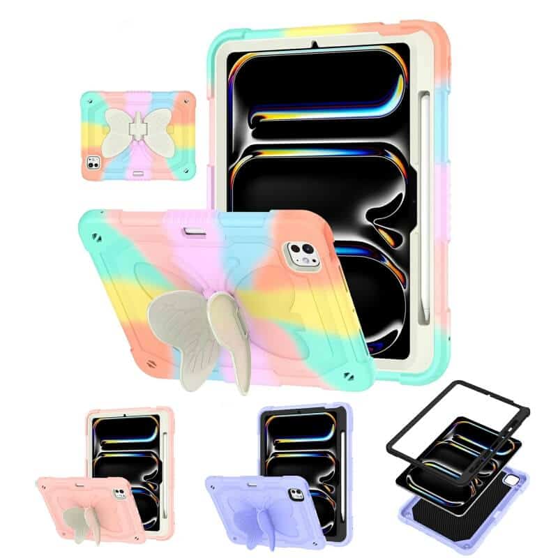 For Apple iPad Air 11 inch M2 2024 6th Generation, Butterfly Kickstand & Pencil Holder, Heavy Duty Shockproof Case Cover for Kids, Girls