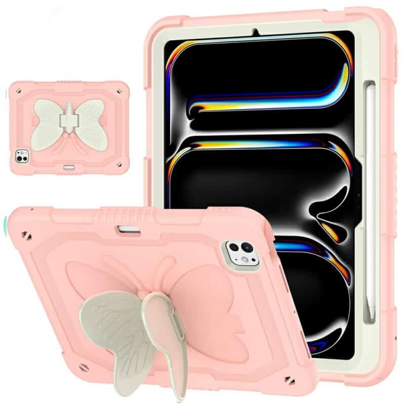 For Apple iPad Air 11 inch M2 2024 6th Generation, Butterfly Kickstand & Pencil Holder, Heavy Duty Shockproof Case Cover for Kids, Girls