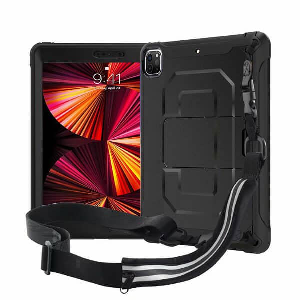For Apple iPad Pro 11 inch 3rd Generation 2021 For Kids Shockproof Protective Heavy Duty Kickstand Shoulder Belt Carry Strap (Black)