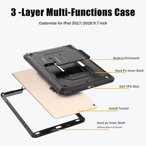 For Apple iPad Pro 11 inch 3rd Generation 2021 For Kids Shockproof Protective Heavy Duty Kickstand Shoulder Belt Carry Strap (Black)