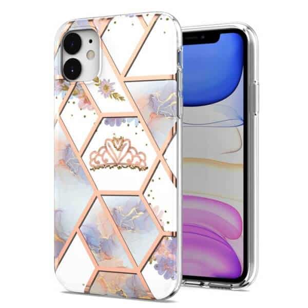 For Apple iPhone 11 Case Hard back Marble Pattern Slim Design Enhanced Camera and Screen Protection Girls and Women Cover (Crown)