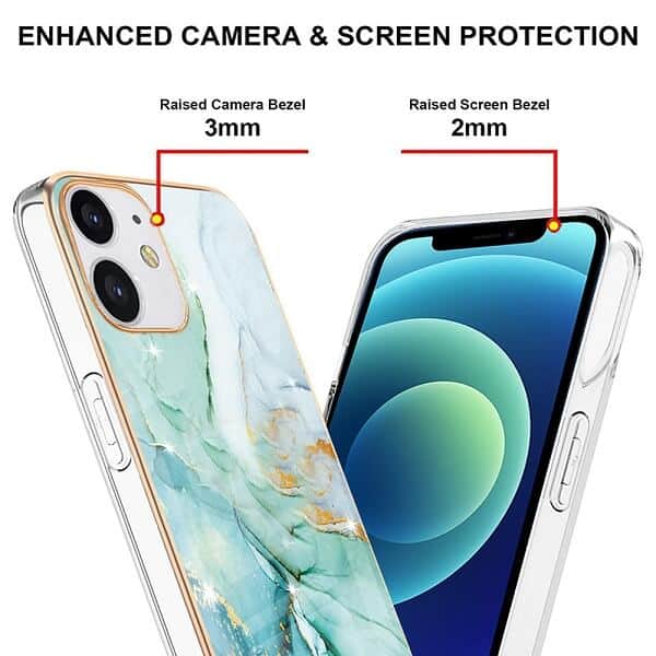 For Apple iPhone 12 Case Hard back Marble Pattern Slim Design Enhanced Camera and Screen Protection Girls and Women Cover (Green)