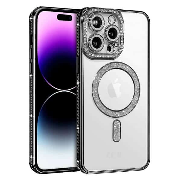 For Apple iPhone 14 Pro Max Case, MagSafe Magnetic Diamond Rhinestone Glitter Cute Crystal Bling Full Camera Lens Protector Shockproof Cover (Black)