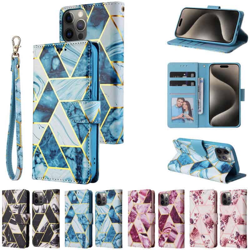 For Apple iPhone 15, 15 Plus, 15 Pro, 15 Pro Max Case Marble Painting Pattern With Flip Wallet Case Leather Card Slots Stand Cover