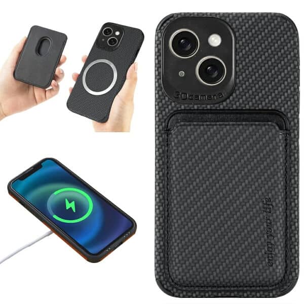For Apple iPhone 15 | 15 Pro | 15 Pro Max | 15 Plus MagSafe Card Holder, Carbon Fiber, Detachable Magnetic Wallet Slot Case Cover (Black)