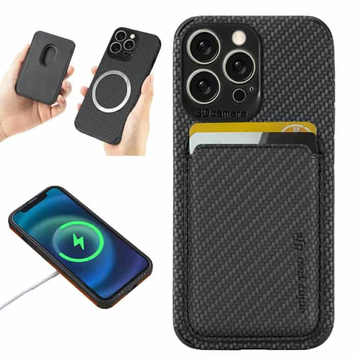 For Apple iPhone 15 15 Pro 15 Pro Max 15 Plus MagSafe Card Holder, Carbon Fiber, Detachable Magnetic Wallet Slot Case Cover (Black)