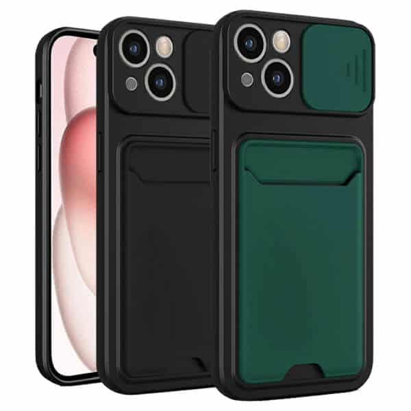 For Apple iPhone 15 Card Holder Mobile Phone Case Camera Protection Lens Slider Camera Shutter Wallet Cover