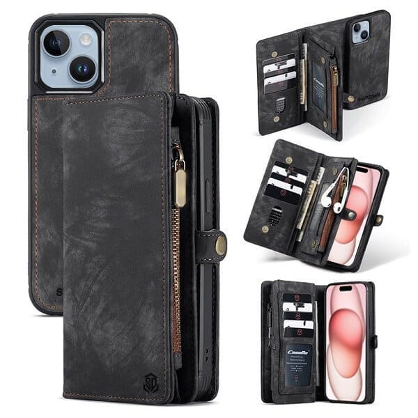 For Apple iPhone 15 Plus SupRShield Zipper & Detachable Retro Leather Pouch With Chain Wallet Flip Purse Bag Detachable Phone Case Cover
