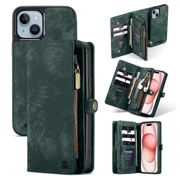 For Apple iPhone 15 Plus SupRShield Zipper & Detachable Retro Leather Pouch With Chain Wallet Flip Purse Bag Detachable Phone Case Cover