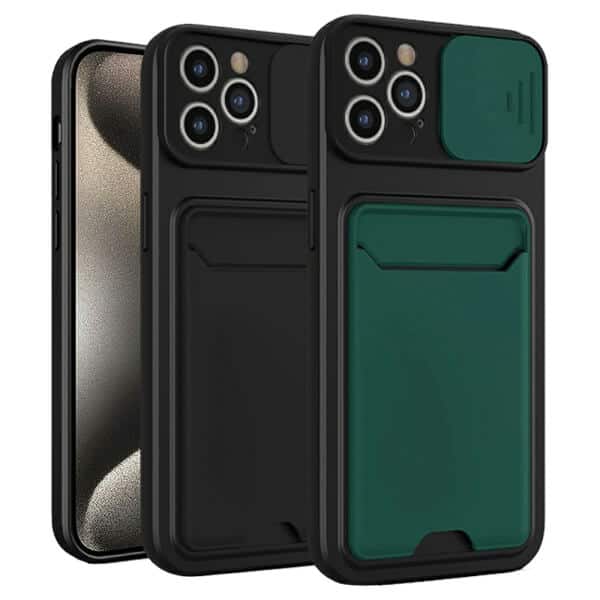 For Apple iPhone 15 Pro Card Holder Mobile Phone Case Camera Protection Lens Slider Camera Shutter Wallet Cover