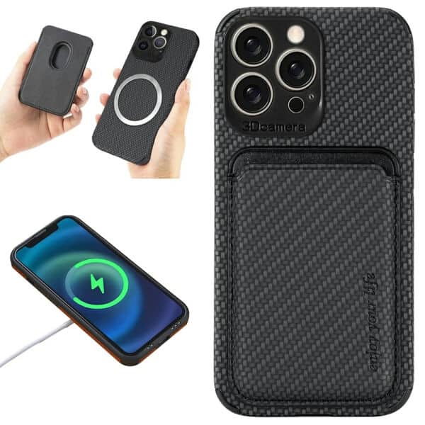 For Apple iPhone 15 | 15 Pro | 15 Pro Max | 15 Plus MagSafe Card Holder, Carbon Fiber, Detachable Magnetic Wallet Slot Case Cover (Black)
