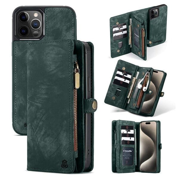 For Apple iPhone 15 Pro SupRShield Zipper & Detachable Retro Leather Pouch With Chain Wallet Flip Purse Bag Detachable Phone Case Cover