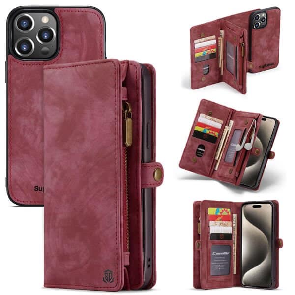 For Apple iPhone 15 Pro SupRShield Zipper & Detachable Retro Leather Pouch With Chain Wallet Flip Purse Bag Detachable Phone Case Cover