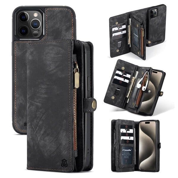 CaseMe For Apple iPhone 14 Pro/15 Pro Zipper & Detachable Retro Leather Pouch With Chain Wallet Flip Phone Case Cover